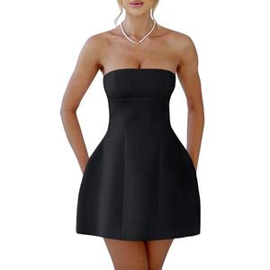 YMDUCH Womens Sexy Strapless Tube A-line Mini Dress Club Party Short Prom Dress Black XL