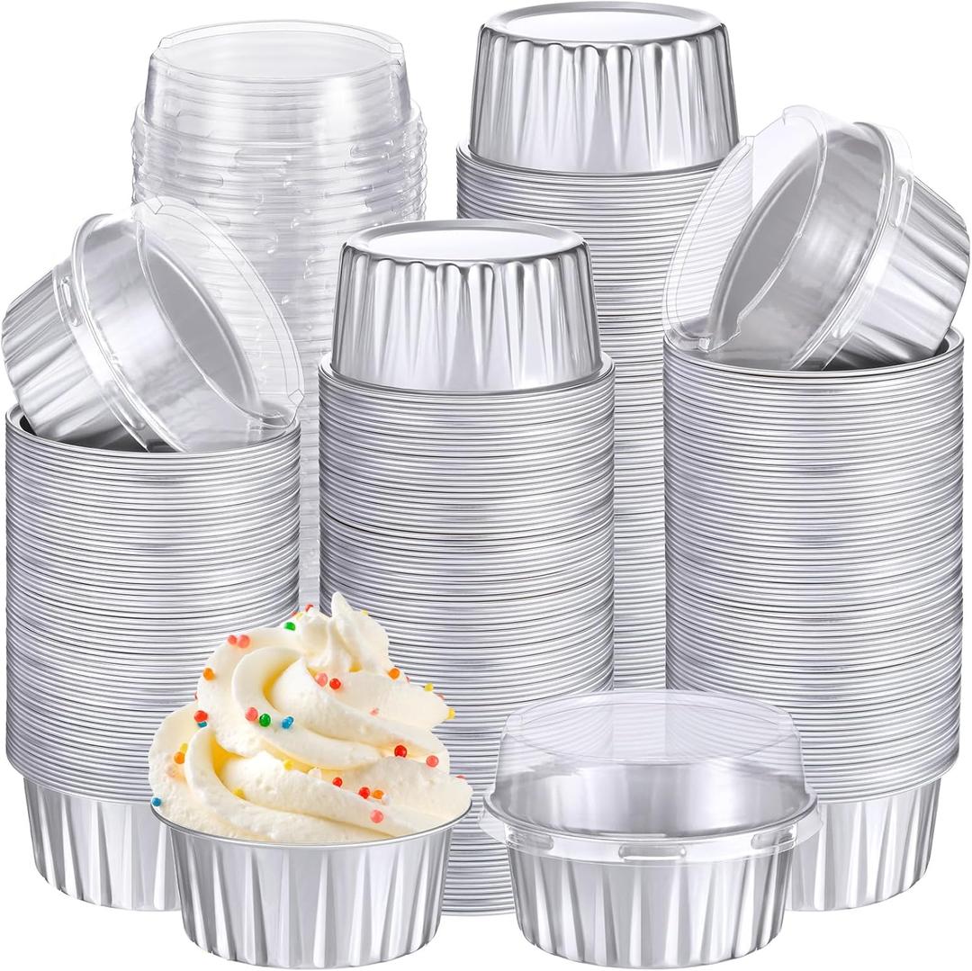 Gejoy 400 Pcs Aluminum Foil Baking Cups with Lids 5 oz Disposable Ramekins Mini Cake Pans Creme Brulee Cupcake Liners Muffin Tins Flan Mold Dessert Container for Wedding(Silver,Classic)
