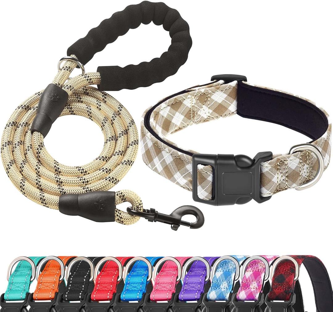 Ladoogo Reflective Dog Collar Padded with Soft Neoprene Breathable Adjustable Nylon Dog Collars for Small Medium Large Dogs (Medium (Pack of 1), Vanilla Plaid Collar+Leash)
