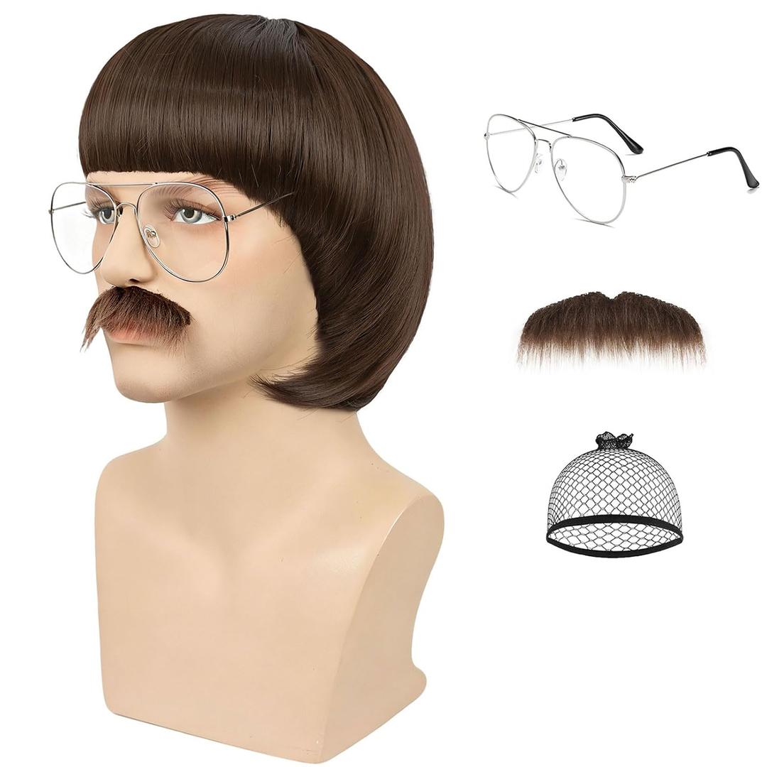Dark Brown Bowl Cut Wig + Glasses + Mustache + Wig Cap for Men 60s 70s Retro Mushroom Wig With Bangs Unisex Funny Crazy Wigs for Daily Halloween Costume Cosplay Party