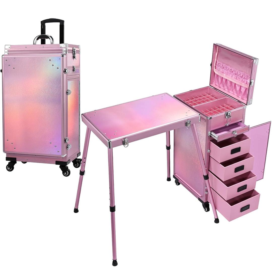 Joligrace Rolling Manicure Table 5 Drawers Foldable Nail Desk Cosmetology Case on Wheels Makeup Case with Brush Pouch for Technician Workstation Mobile Makeup Artist Trolley, Shiny Pink