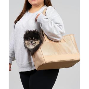 OSKAR&FRIENDS Pet Carrier Tote for Small Dogs & Cats  Vegan Leather Dog Purse with Breathable Mesh, Sherpa Bed & Safety Tether  Fits Pets Up to 20 lbs (Beige)