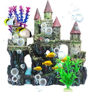 Aquarium Castle Decorations,Resin Castle for Fish Tank with Randomly Color Plants Decor Accessories for Freshwater and Saltwater Fish Tanks (Red)
