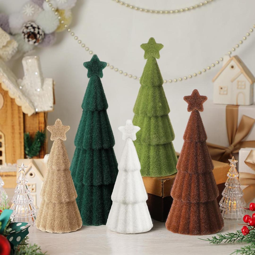 Bucherry 5 Pcs Neutral Christmas Velvet Trees Set 3 Sizes 11 Inch Modern Velvet Cones Trees Decoration Christmas Tabletop Centerpieces for DIY Xmas Holiday Decor(Brown, White, Green)