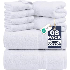 Utopia Towels 8 Piece Luxury Towel Set  Majestic Plush, Super Absorbent & Quicker-to-Dry, Thick 100% Ring Spun Cotton Towels for Bathroom, Spa & Hotel  2 Bath, 2 Hand, 4 Washcloths, White