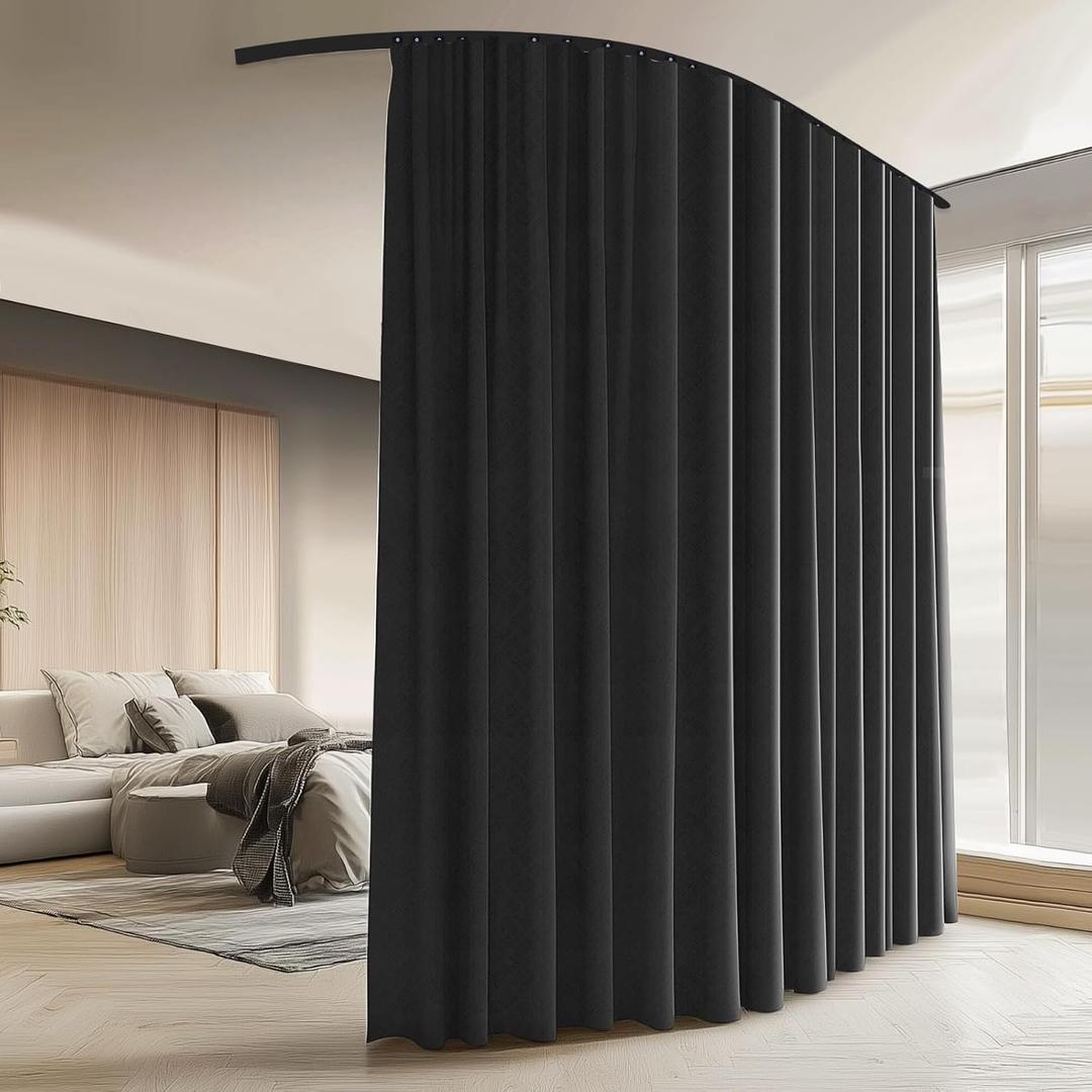 Room Divider Blackout Curtains with Ceiling Mount Tracks Set,Window Curtain for Living Room Bedroom Thermal Insulated W 9  H 7 FT Black Drape&Black Track (108"W x 84"L (Pack of 1))