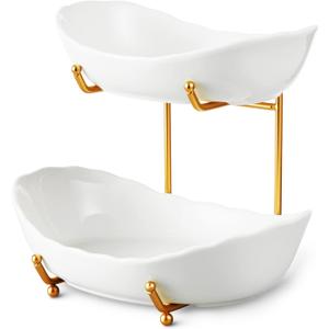 2 Tier Ceramic Fruit Bowl for Kitchen Counter, Tiered Fruit Basket for Countertop, Modern Multi Layer Fruit Display Stand for Party, Cute & Small (Gold&White)