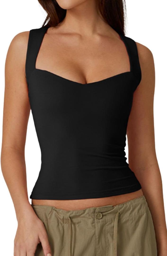 QINSEN Women's Sexy Sweetheart Neck Sleeveless T Shirts Double Lined Tees Slimming Fit Tops (Medium, Black)