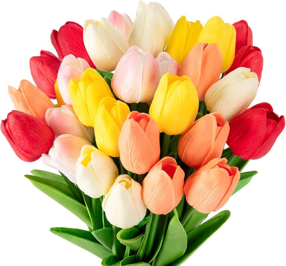 MACTING 30PCS Artificial Tulip Flowers 13.7" Real Touch Fake PU Tulips Bouquet Faux Flowers for Floral Arrangements Table Centerpiece Kitchen Indoor Outdoor Spring Summer Decor (Multi Colors-1)