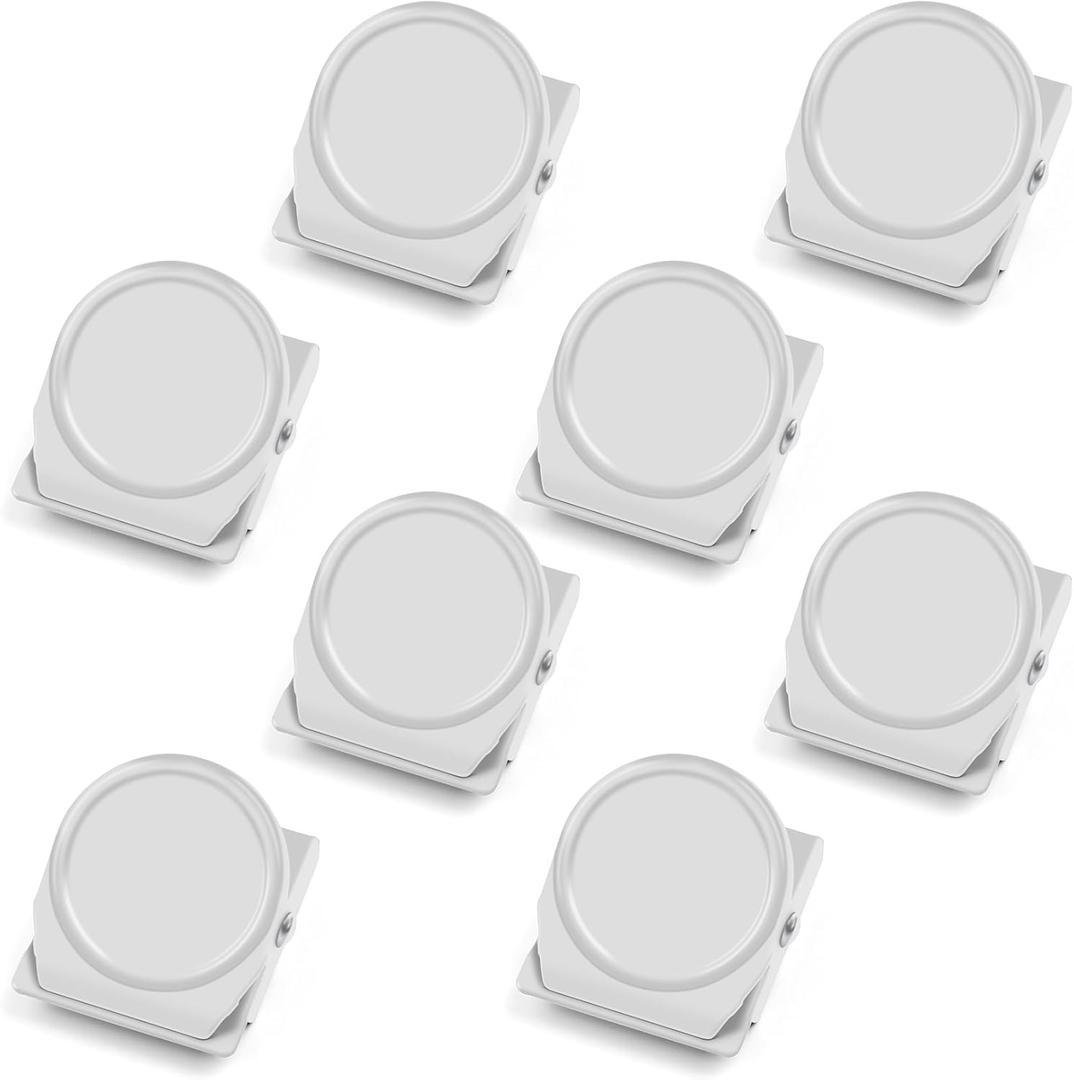 VNDUEEY White Magnetic Clips, 8 Pcs Strong Refrigerator Magnets Whiteboard Magnets, Magnet Clips Heavy Dudy, Metal Magnet Clip for Fridge, Classroom, Locker, Photo Displays, Memo Note