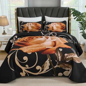 Xruibed Floral Quilt Set Queen Size, 3 Pieces Orange Rose Quilt Set Botanical Bedspread with 2 Pillow Shams Bedding Set, Soft Micorfiber Lightweight Coverlet for All Season (90"x96")