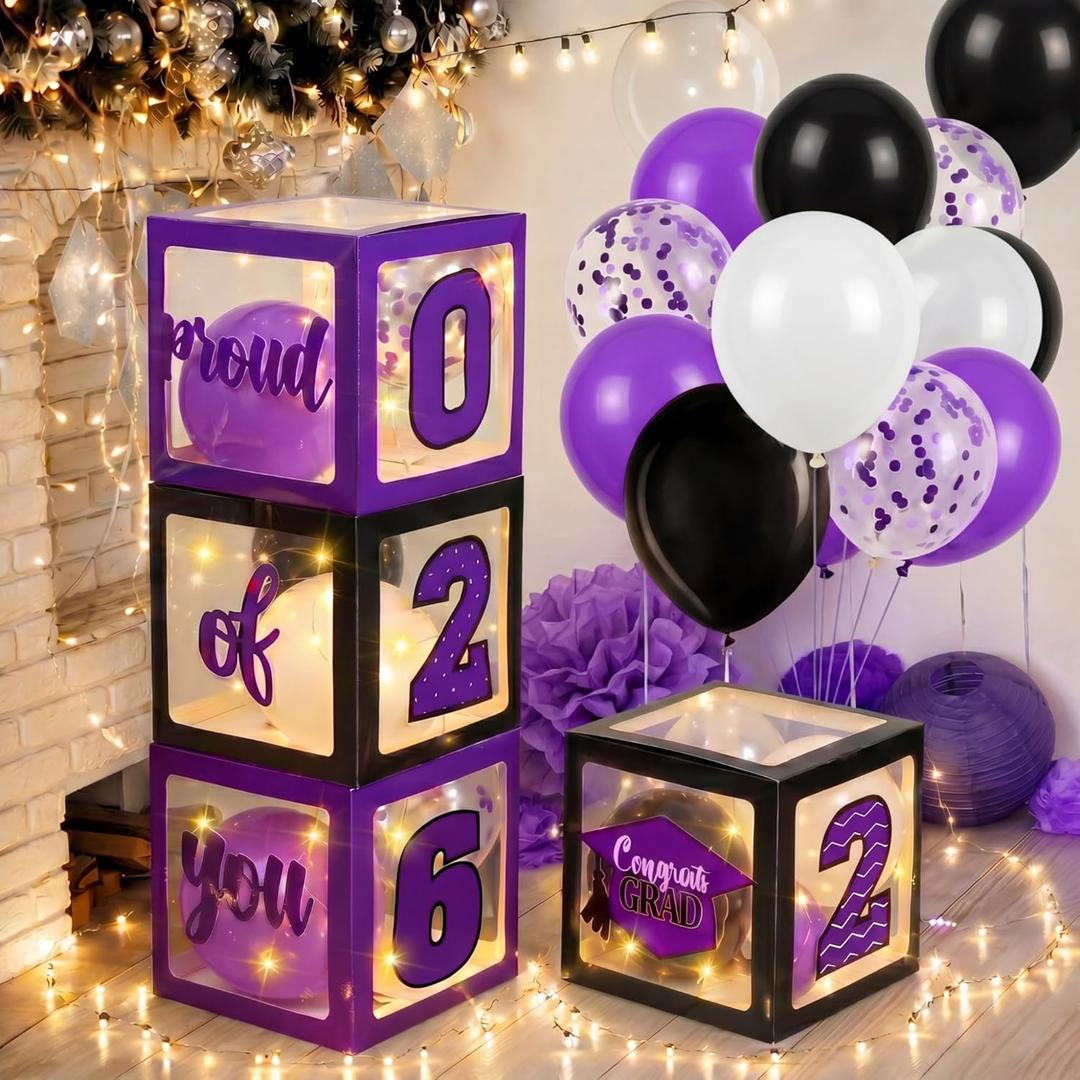 Jerify 44 PCS Graduation 2026 Box Decorations with Balloon & LED Light Strings - Congrats Grad Proud of You Balloon Boxes Party Supplies for Class of 2026 School College Decor(Purple)