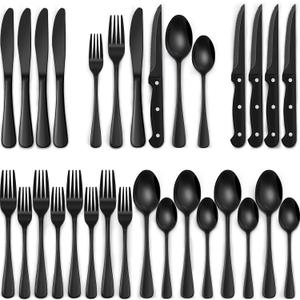 EWFEN 24-Piece Silverware Set with Steak Knives, Food-Grade Stainless Steel Tableware Cutlery Set for 4, Mirror Finished Flatware Utensil for Home Restaurant Black