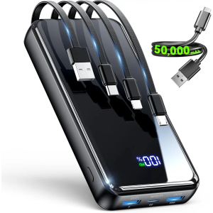 Portable Charger,50000mAh Power Bank Built-in Cable, 22.5W PD USB C In & Out Fast Charging, External Battery Pack with 6 Output & 2 Input, Travel Phone Charger for iPhone 17/16/15/14/13/12(Black)