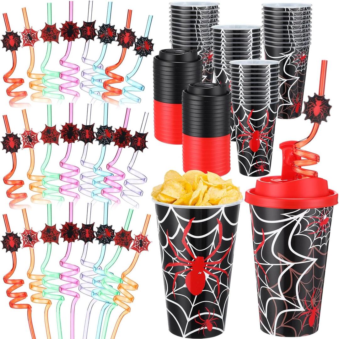 Yungyan 16 Sets Spider Party Favors Goodie Cups with Lids and Straws for Halloween Party Decorations Reusable 16oz Plastic Candy Cups Plastic Straws for Birthday Gift (Spider)