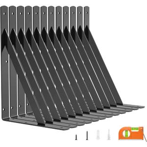 LuckIn 12 Inch Heavy Duty Shelf Bracket, Wall Shelf Brackets, 90 Degree Bracket, 250 LBS Max Load, Mounting Hardware Include, Black, 12-Pack