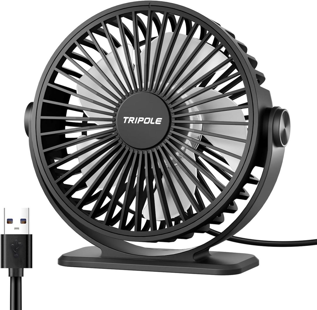 TriPole Desk Fan USB Powered Small Portable Fan, 3 Speeds Adjustable Strong Breeze Mini Personal Fans, 360 Rotation Quiet Plug In USB Fans for Desktop Bedroom Office Table Travel, Black, 4.9ft Cable