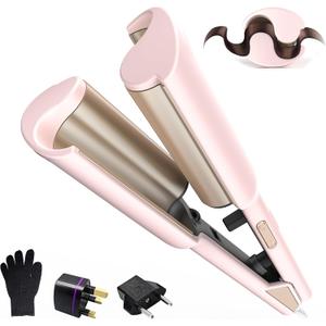 Curling Iron Hair Crimper Waver, Beach Waves Curling Wand, Waver Hair Tool, Double Voltage, Easy to Use, Pink, 1.25 Inch