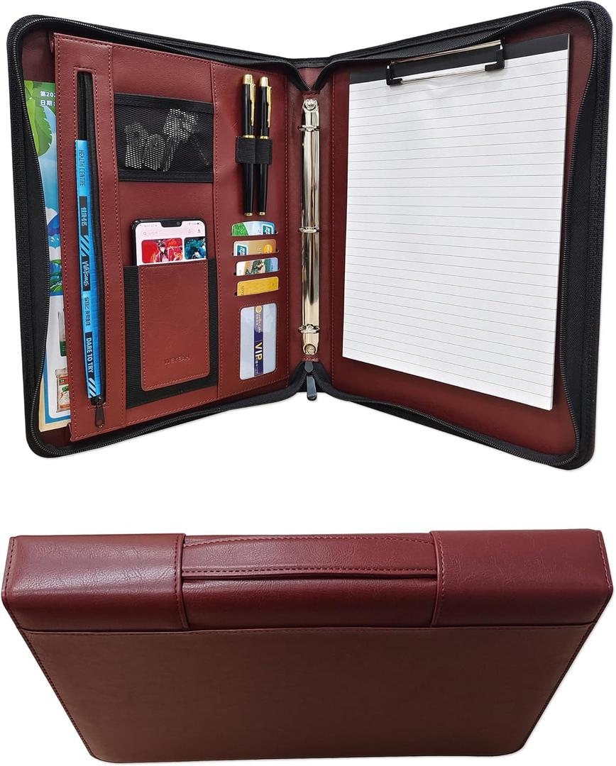 Faux Leather 3 Ring Portfolio Binder With Handle, Business Padfolio for Men & Women, Zippered Document Organizer for Home & Office Use, Including Clipboard, Notepad and Sheet Protectors (Brown)