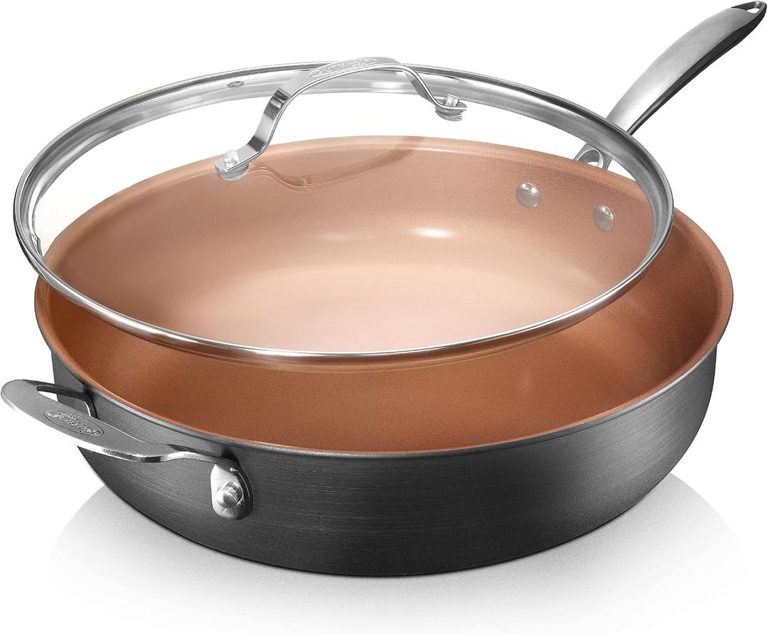 Gotham Steel Nonstick Deep Saute Pan with Lid  5.5 Quart Large Ceramic Jumbo Cooker 12 Inch Frying Pan with Lid, Stay Cool Handle + Helper Handle, Oven & Dishwasher Safe, 100% PFOA Free