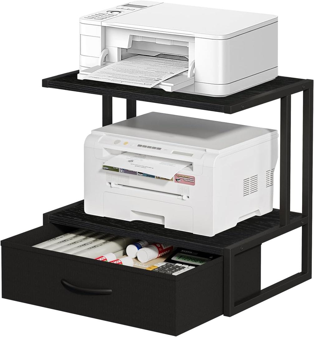 Printer Stand with Storage for Desk, with Fabric Drawer Desktop Printer Stand Shelf Organzier for Home Office, for Above and Under Desk Printer Table, Fax Machine Copier Scanner, Black