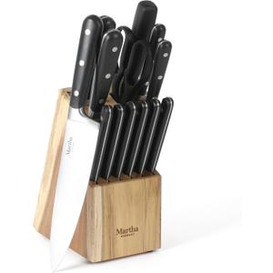 Martha Stewart Eastwalk 14 Piece High Carbon Stainless Steel Cutlery Knife Block Set w/ABS Triple Riveted Forged Handle Acacia Wood Block - Matte Black