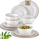 GBHOME Ceramic Dinnerware Sets,12 pcs Embossed Elegant Stoneware Plates and Bowls Sets, Housewarming Wedding Gift | Dishwasher & Microwave Safe | Dishes Set Service for 4 (Pearl White-Wave)
