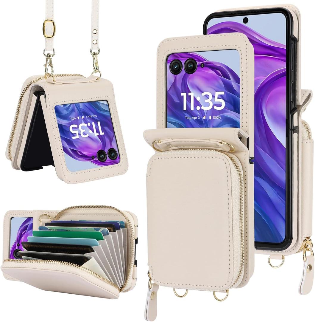 Asuwish Phone Case for Motorola Razr 2024/Moto Razr 50 Wallet Cover with Credit Card Holder Zipper Slot Shoulder Crossbody Strap Lanyard RFID Blocking Slim Cell Purse Razr2024 5G Women Girls Off White