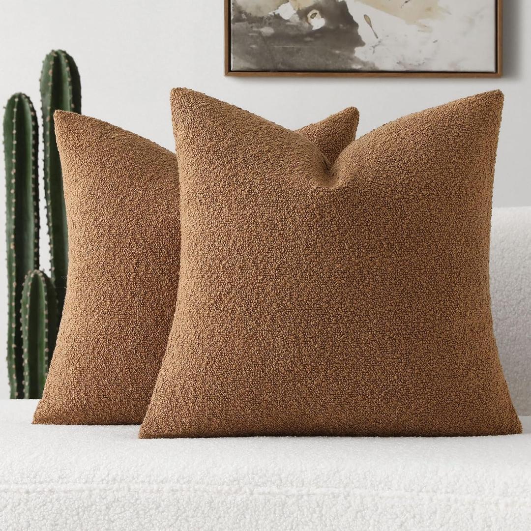 FUTEI Pack of 2 Tobacco Decorative Throw Pillow Covers 18x18 Inch Soft Cozy Solid Boucle Textured Cushion Case,Modern Home Decor for Couch Bed Living Room (18" x 18" (Pack of 2))