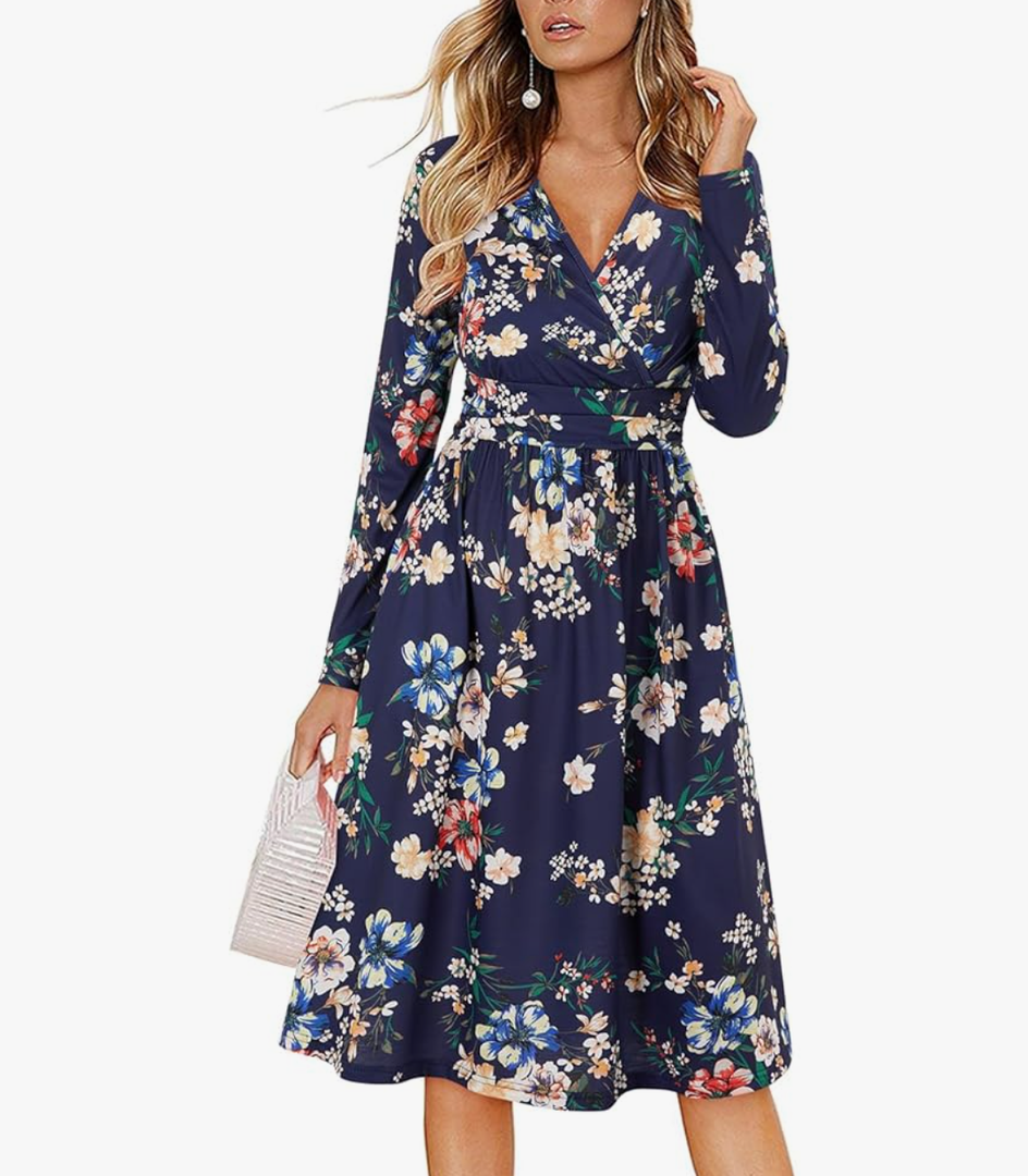 OUGES Women's Fall Long Sleeve Dress Casual Wrap V Neck Flowy Midi Wedding Guest Dresses with Pockets 2025, S