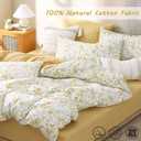 ALEISSEL 100% Natural Cotton Duvet Cover Full Size 3Pcs - Yellow Duvet Cover with Pink & Green Flowers and Leaves on White,Reversible Floral Comforter Cover Sets with Button Closure(80"90",Floral)