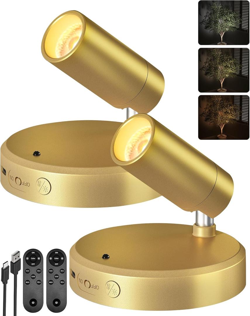 EZVALO LED Spotlight Indoor, 5500mAh Rechargeable Battery Uplighting Indoor, Wireless Mini Art Accent Spot Lights with Remote, for Plants, Display,Painting, Dartboard, Artwork, Portrait (2Pack-Gold)