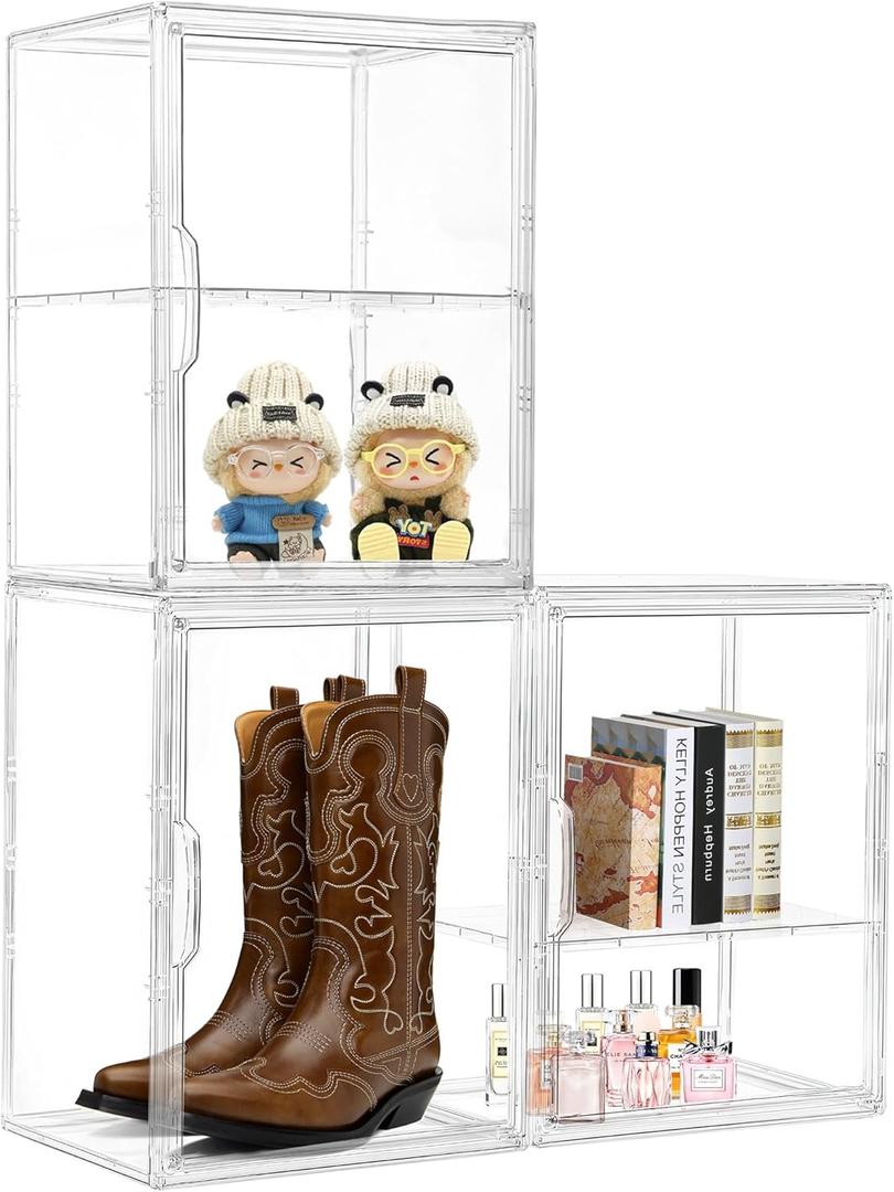 Attelite Acrylic Display Case Compatible with Labubu POP MART, Clear Stackable Plastic Storage Bins with Magnetic Lid, Display Box for Large Figures Collectibles, Cosmetic, Shoe, Perfume and Purse