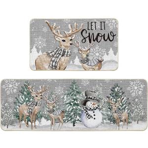 Artoid Mode Deer Tree Let It Sonw Snowflakes Christmas Kitchen Mats Set of 2, Winter Decor Low-Profile Kitchen Rugs for Floor - 17x29 and 17x47 Inch (Silver)