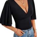 LYANER Women's V Neck Wrap Dressy Tops for Women Elegant Ruffle Short Sleeve Business Casual Blouse (Small, Black)