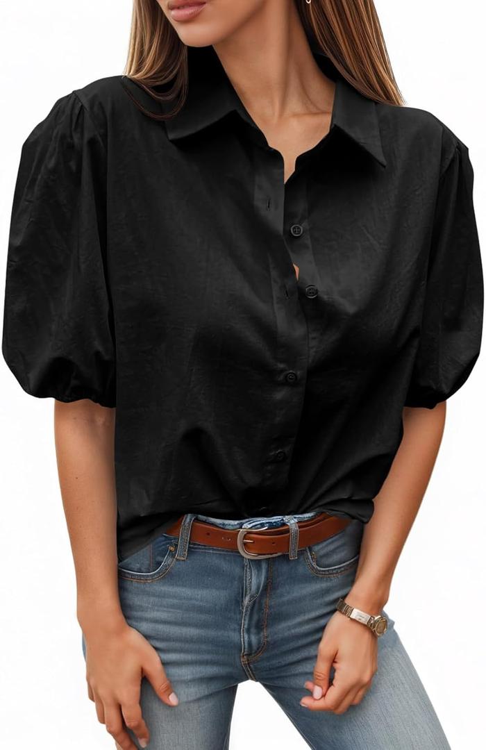 Tankaneo Women's Button Down Shirts Short Puff Sleeve Collared Dressy Casual Blouse Tops, Medium, Black