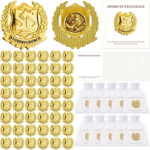 Sureio 50 Set Student Council Lapel Pins Bulk 2026 Graduation Souvenir Gifts Gold School Award Badges 1 Inch with Card, Organza Bag Student Gifts from Teacher