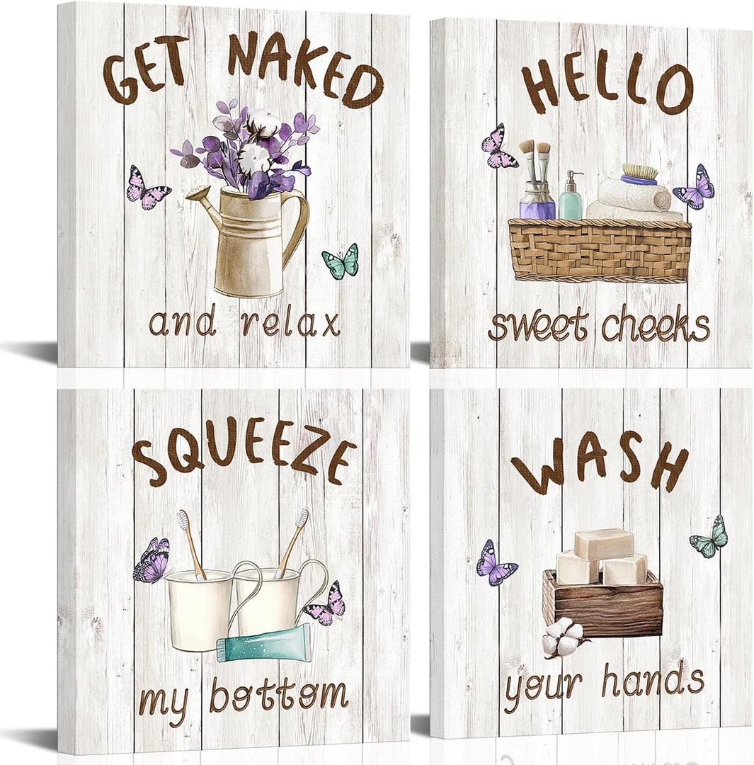 xiysien Bathroom Wall Art Rustic Bath Sign Wall Decor Hello Sweet Check Wash Your Hands Print Paintings Artwork for Bathroom Ready to Hang 12''x12''x4PCS