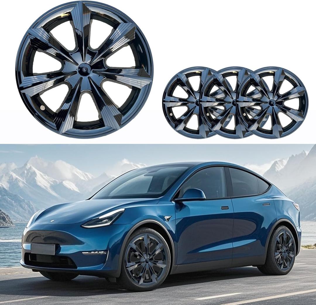 4 Pcs Wheel Covers Fit for Tesla Model Y hubcaps 19 inch Abs Bright Black Rim Protector Hubcaps Compatible with 2019 2020 2021 2022 2023 2024 Model Y Accessories