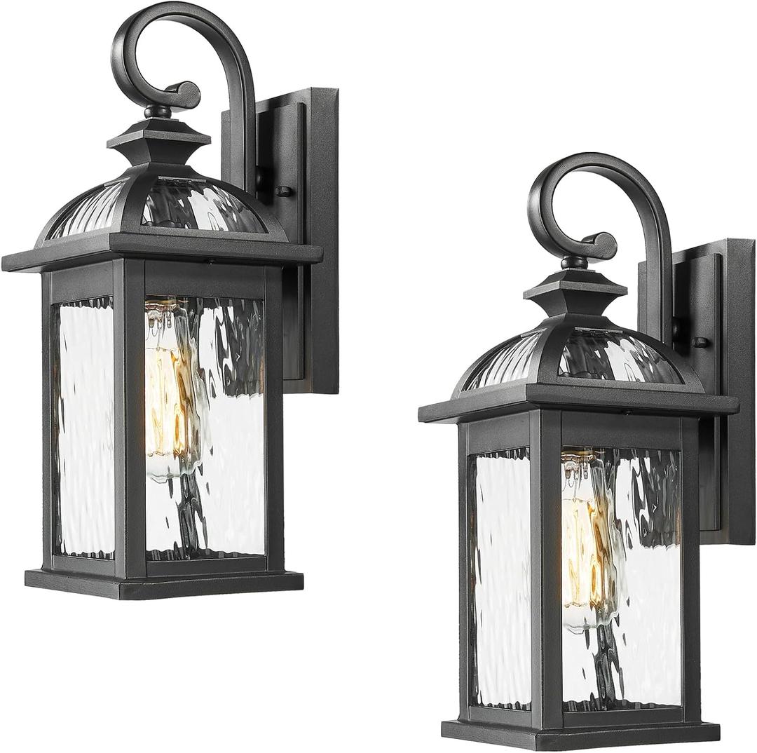 Outdoor Wall Lights Black Exterior Light Fixture Wall Mount with Water Ripple Glass 15 Inch Height Outdoor Wall Lamps 2-Pack Waterproof E26 Socket