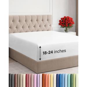 Extra Deep Queen Fitted Sheet - Hotel Luxury Single Fitted Sheet Only - Easily Fits 18 inch to 24 inch Mattress - Ultra Soft, Wrinkle Free w/Extra Deep Pockets - Easy-Care, Breathable & Comfy - White