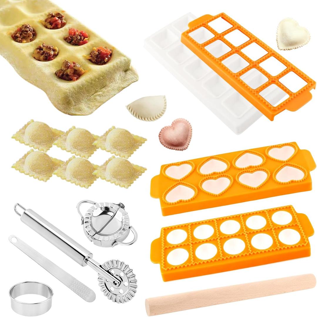 8PCS Ravioli Maker Press Set,Ravioli Stamp Maker Cutter with Wood Rolling Pin,Empanada Maker-Press,Ravioli Wheel and Stuffing Spoon,for Homemade Pasta,Dumpling,Pastry Kit(Yellow)