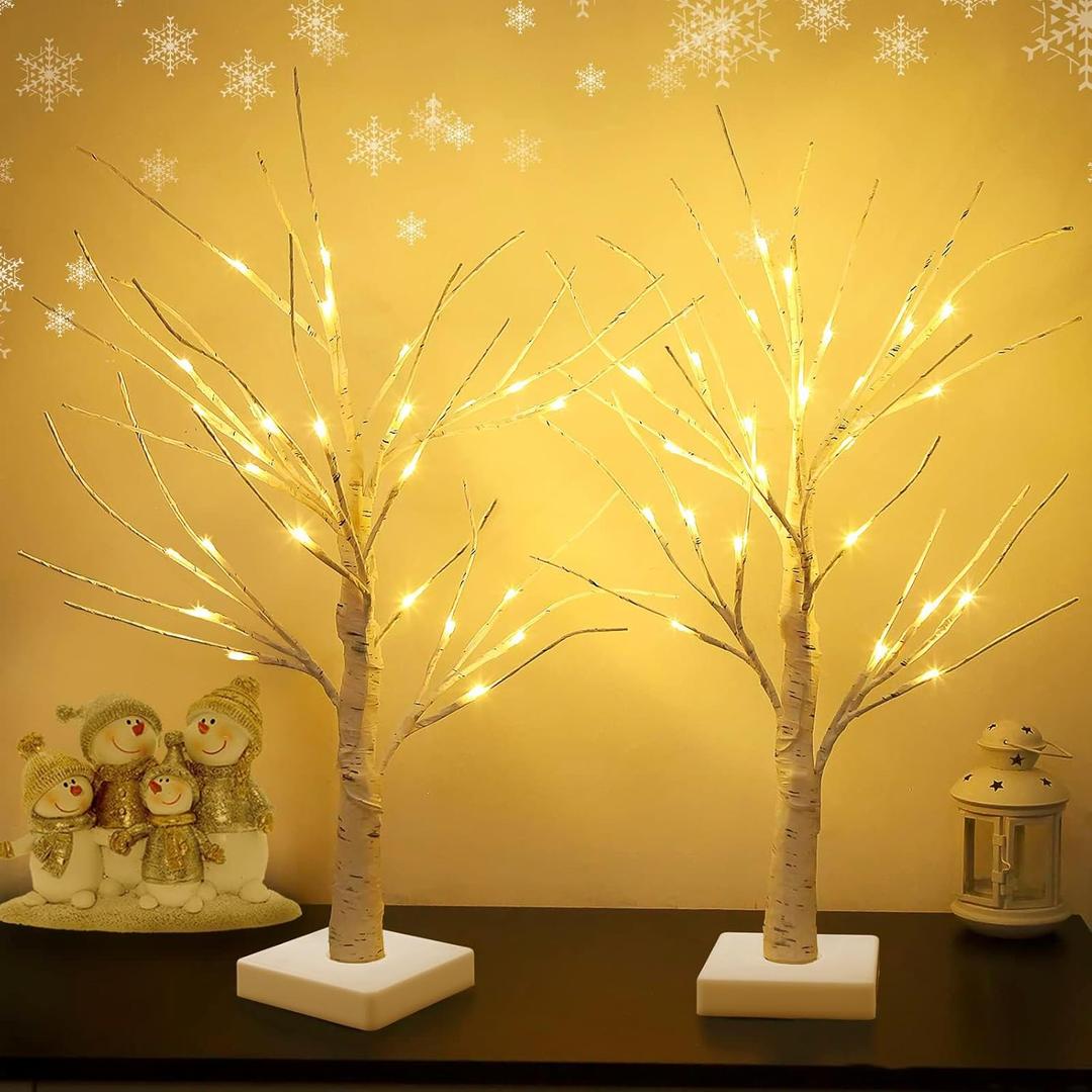 Set of 2 Warm White Birch Tree Light with Battery or USB Powered 24 LED Fairy Light Spirit Tree Tabletop Twinkling Tree Light Decor for Home Party Bedroom Wedding Thanksgiving Christmas Decoration