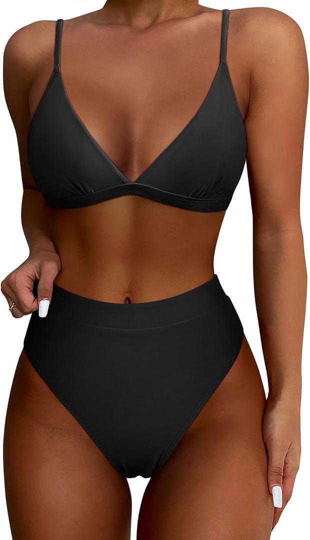 SUUKSESS Women High Waisted High Cut Bikini Set Sexy Triangle Two Piece Swimsuits (Large, Black)