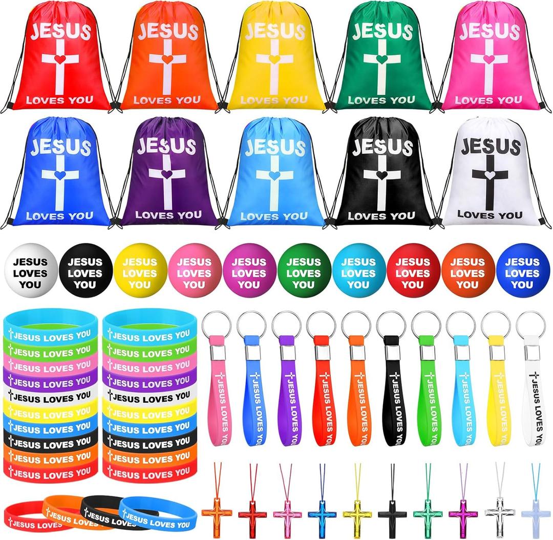 100 Pcs Jesus Loves You Party Supply for Adults Bulk Christian Gift with Drawstring Backpack Bracelets Keychains Cross Necklaces for Graduation Easter Church Religion Gift(Multicolor)