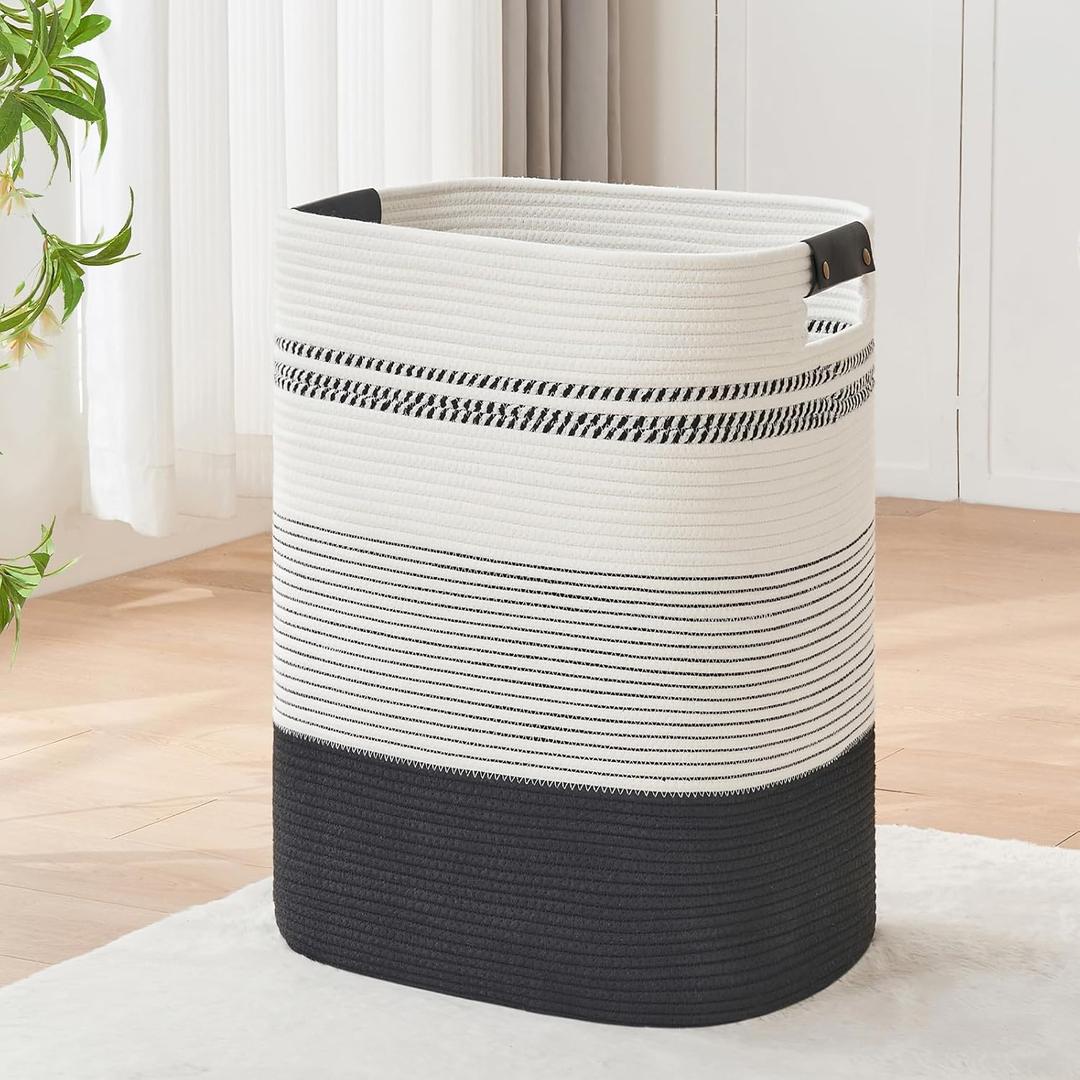 AINUOQI Laundry Basket with Handles - Blanket Basket & Hampers for Bedroom Aesthetic, Laundry Hamper & Blanket Storage for Living Room, Clothes Hamper, Tall, Large 17" x 14" x 22, Black & White