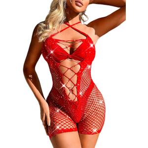 Kaei&Shi Rhinestone Rave Outfits Fit 0-16, Exotic Dancer Fishnet Bodysuit, Sexy Glow Stripper Bodystocking Lingerie For Women (Red)