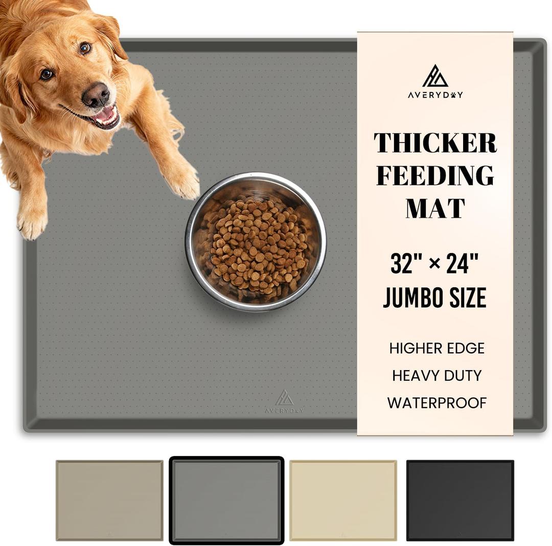 AVERYDAY 100% Waterproof Thicker Silicone Dog Food Mat, 0.63'' Raised Edge Bowl Mat for Food & Water, Non Slip Pet Feeding Placemat for Messy Drinkers, Perfect for Large Medium Small Breeds, 32"x24" (Grey)