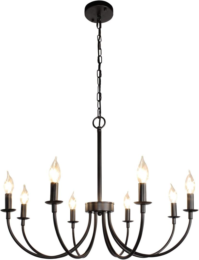 Black Farmhouse Chandeliers, 8 Light Rustic Iron Chandeliers, Classic Candle Ceiling Hanging Pendant Light Fixture for Living Room, Kitchen Island, Foyer, Dining Room Lighting Fixtures