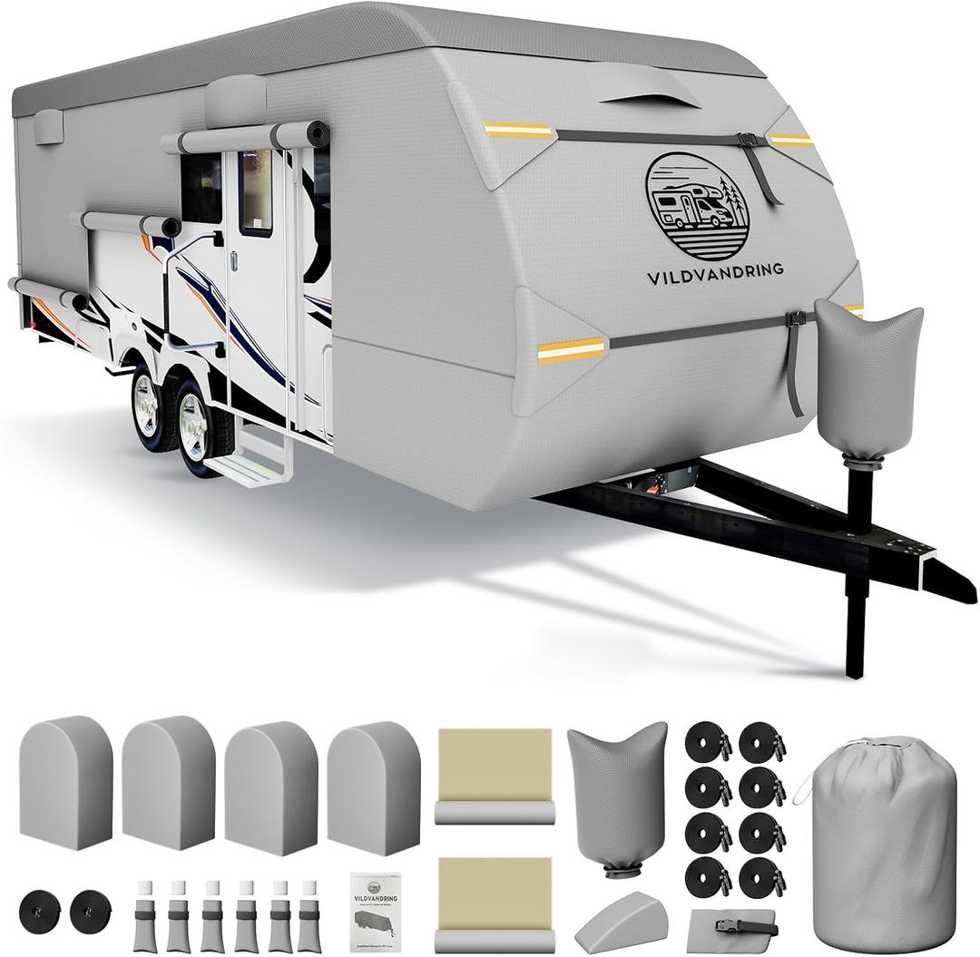 Travel Trailer RV Cover 20-22ft, Multi-Layer Breathable Rip-Stop Camper Cover with Water-Resistant Coating, Repair Kit, Gutter Protection, Tire Straps